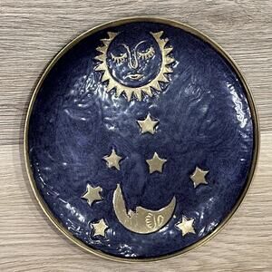 Vintage Sun & Moon Brass Enameled Celestial Plate Tray Jewelry Altar Decor 6”